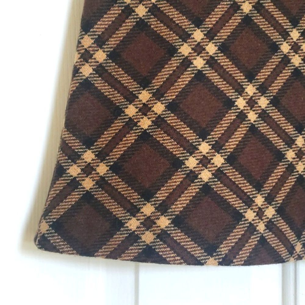 Vintage 90s Plaid Wool Belted Skirt • Brown Tan Brass Buckle Academia • Medium - Picture 4 of 9